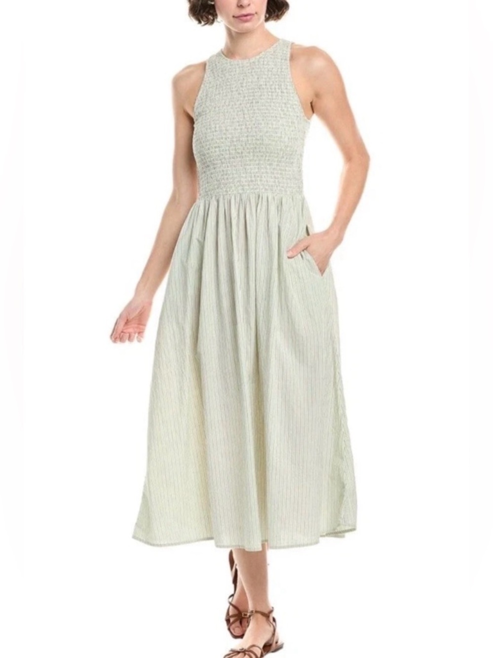 Madewell Light Green Striped Smocked Midi Dress